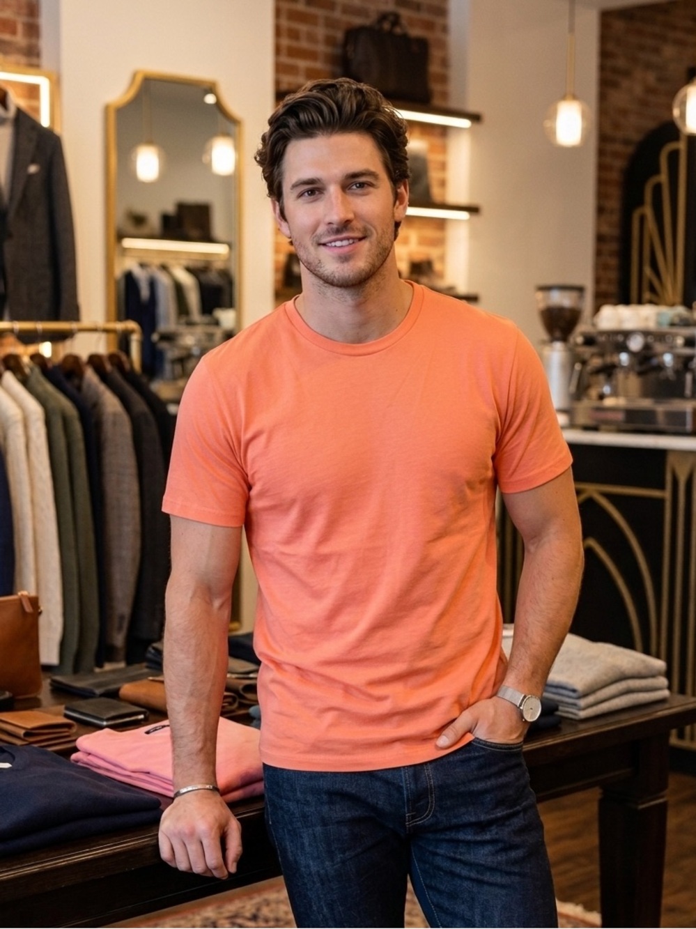 Men's Premium Crew Neck T-Shirt by Rivelli - Coral (New with Tags) medium